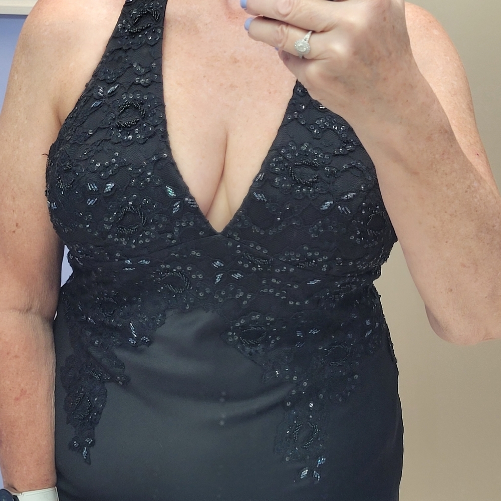 Dave and Johnny Stunning Black Halter Dress Sz 13/14 with Beads & Lace EUC